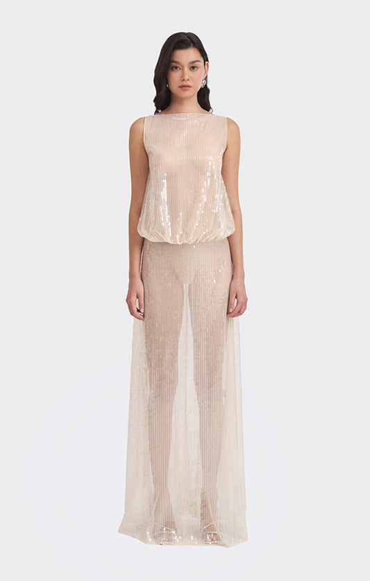 Puffed Boatneck Maxi Gown (Sequin)