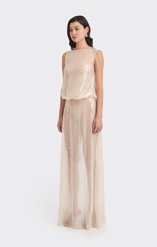 Puffed Boatneck Maxi Gown (Sequin)