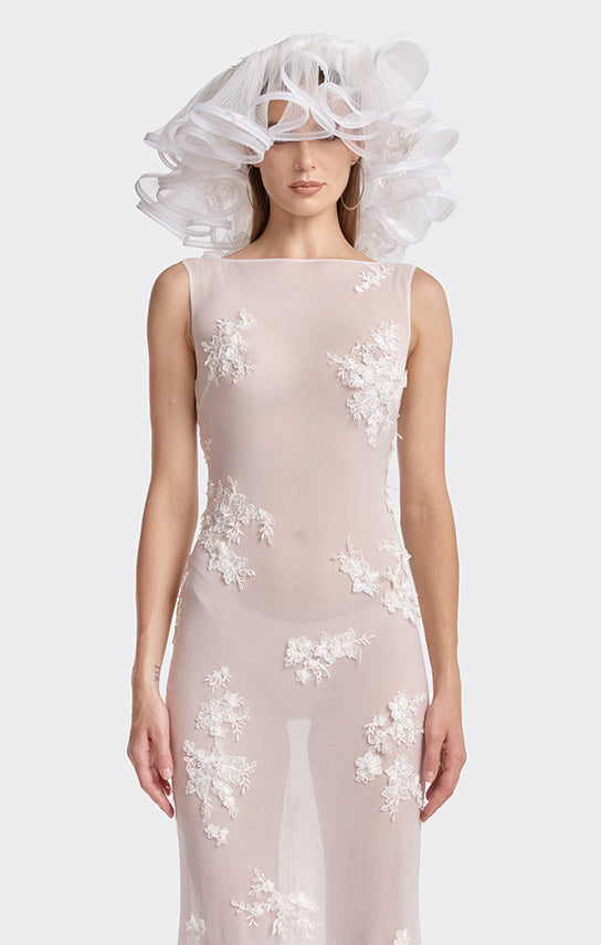 Boat-Neck Embroidered Lace Maxi Dress