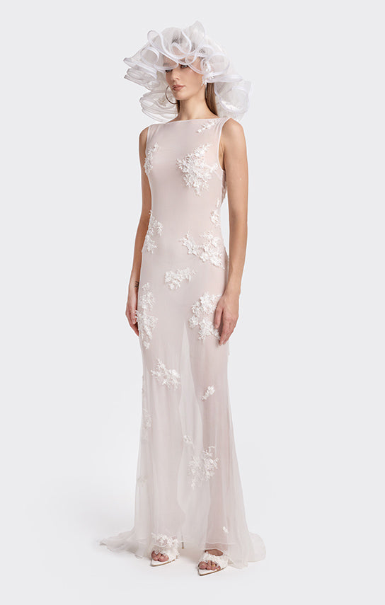 Boat-Neck Embroidered Lace Maxi Dress