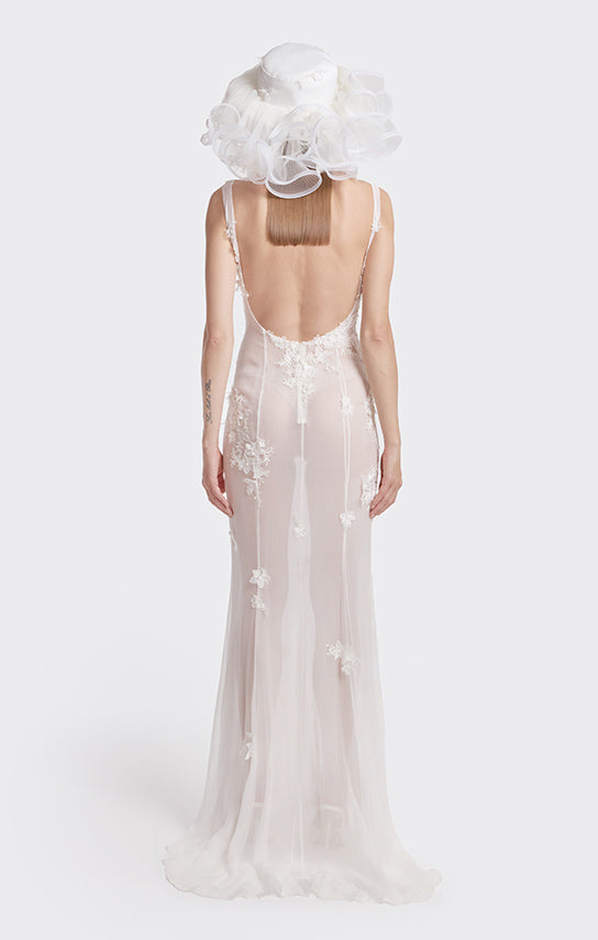 Boat-Neck Embroidered Lace Maxi Dress