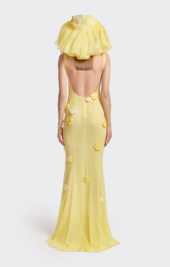 Sheer Boat-Neck Floral Crochet Maxi Dress